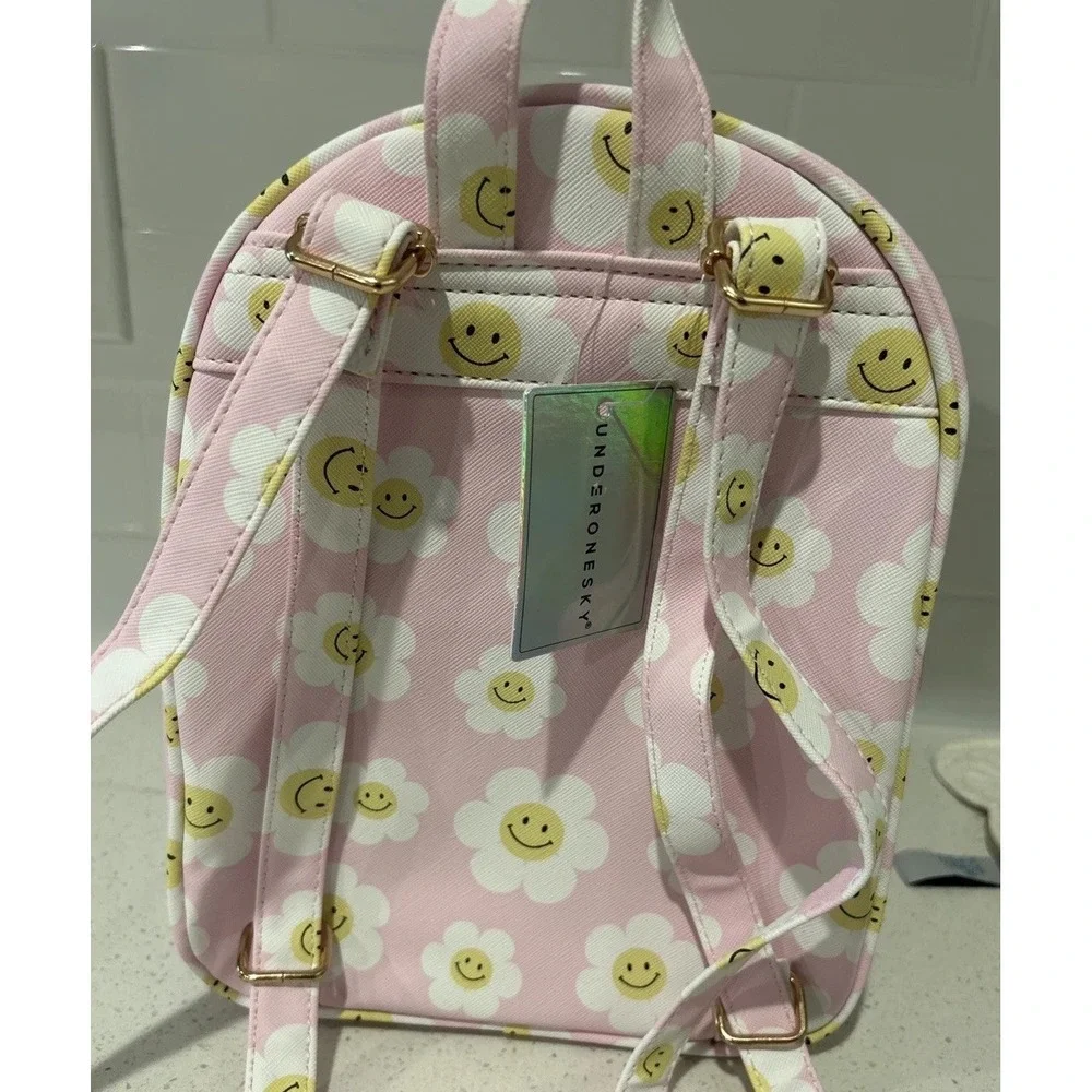New Underonesky Pink‎ Mini Flower Backpack Smiling Flower emoji Purse Lounge Bag